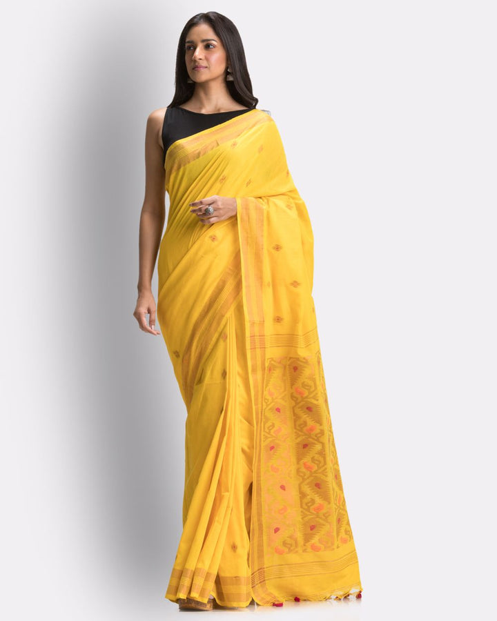 Yellow handwoven cotton bengal saree