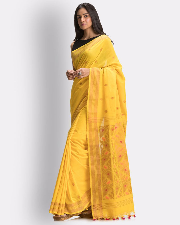 Yellow handwoven cotton bengal saree