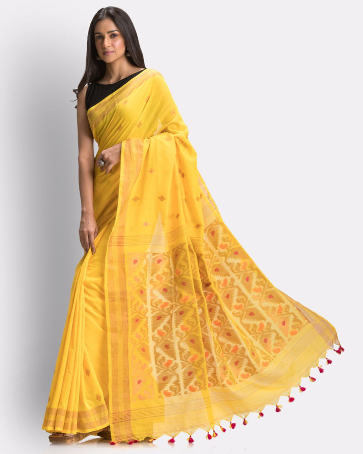 Yellow handwoven cotton bengal saree