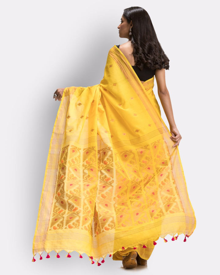 Yellow handwoven cotton bengal saree