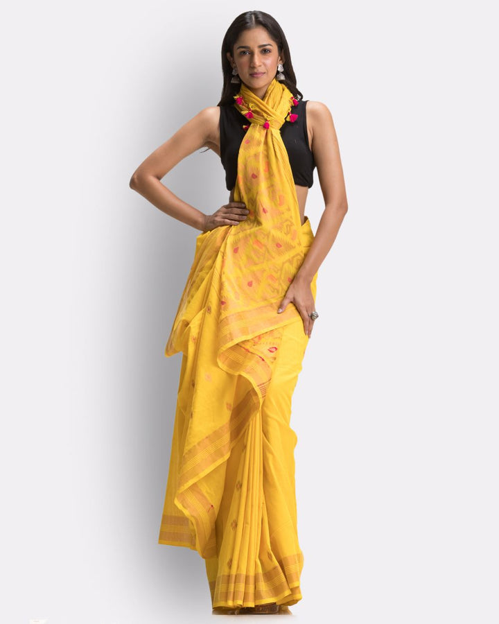 Yellow handwoven cotton bengal saree