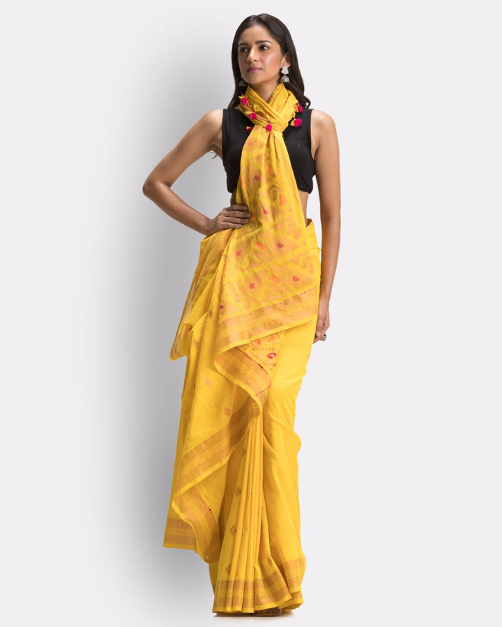 Yellow handwoven cotton bengal saree