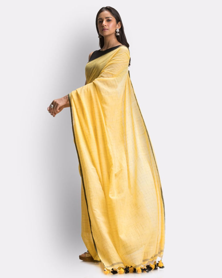 Yellow handwoven mul cotton bengal saree