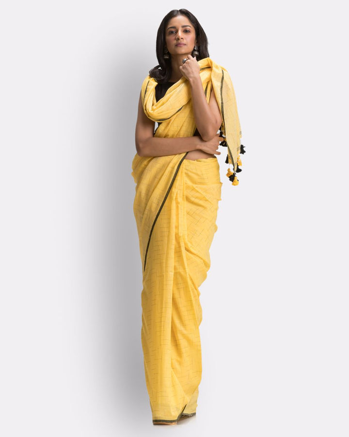 Yellow handwoven mul cotton bengal saree