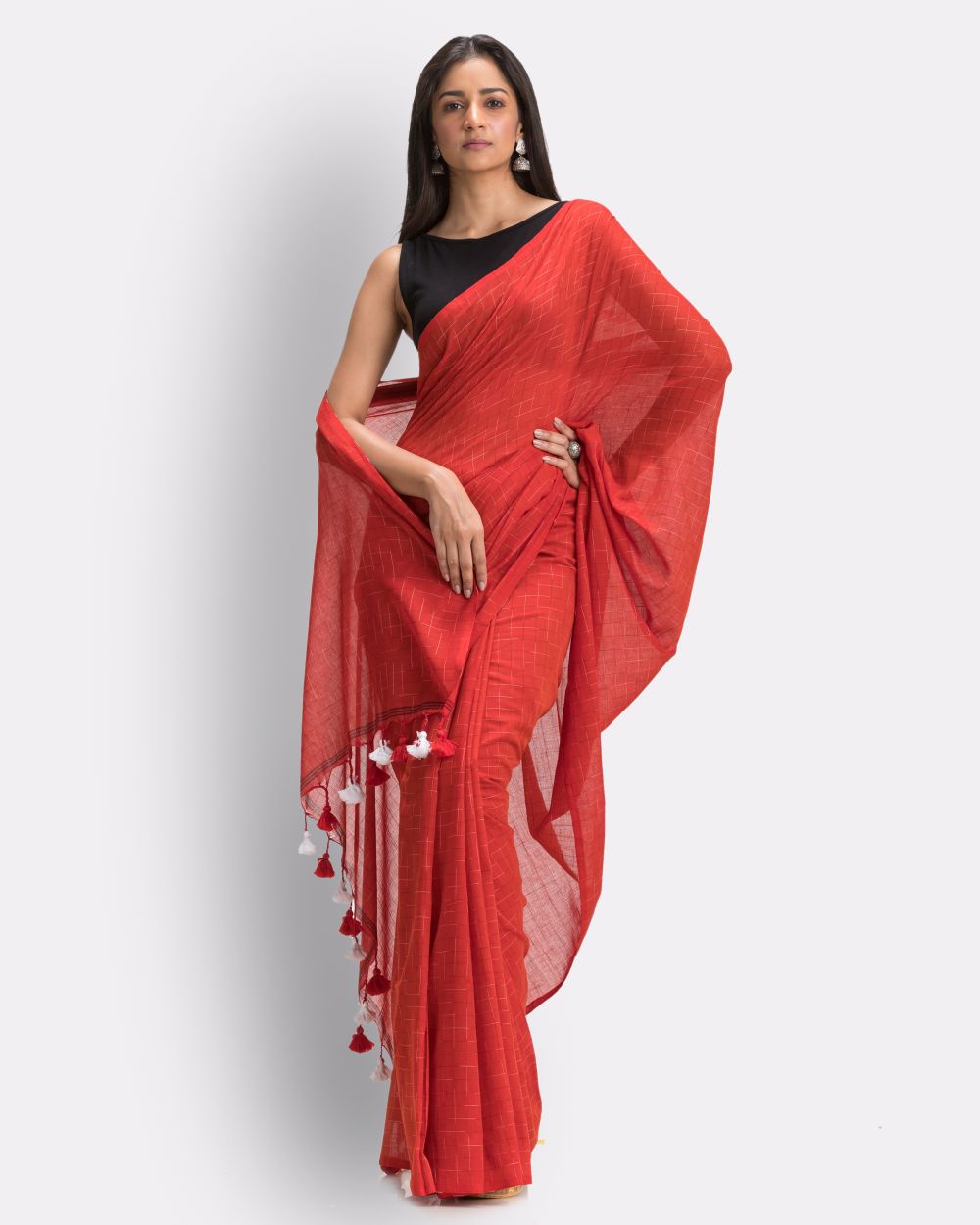 Red handwoven mul cotton bengal saree