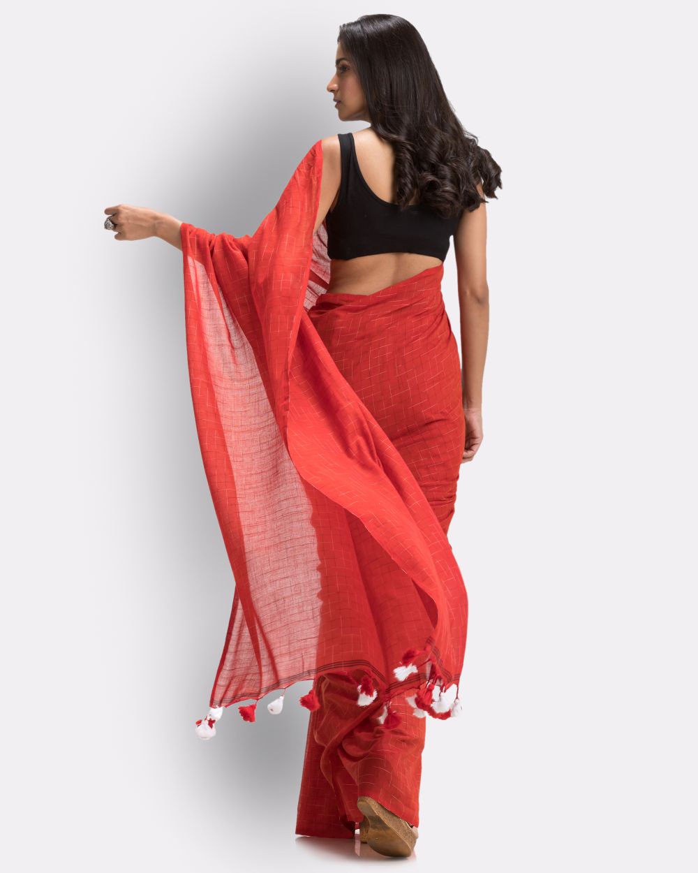 Red handwoven mul cotton bengal saree