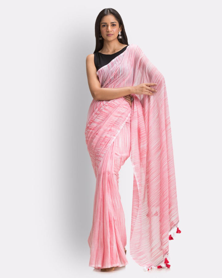 Peach handwoven mul cotton bengal saree