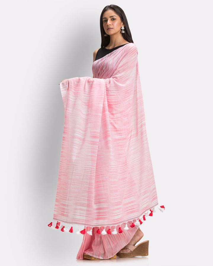 Peach handwoven mul cotton bengal saree