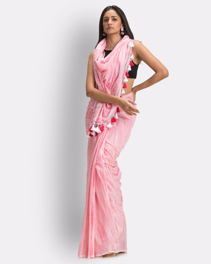 Peach handwoven mul cotton bengal saree