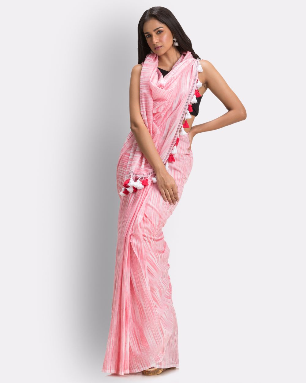 Peach handwoven mul cotton bengal saree