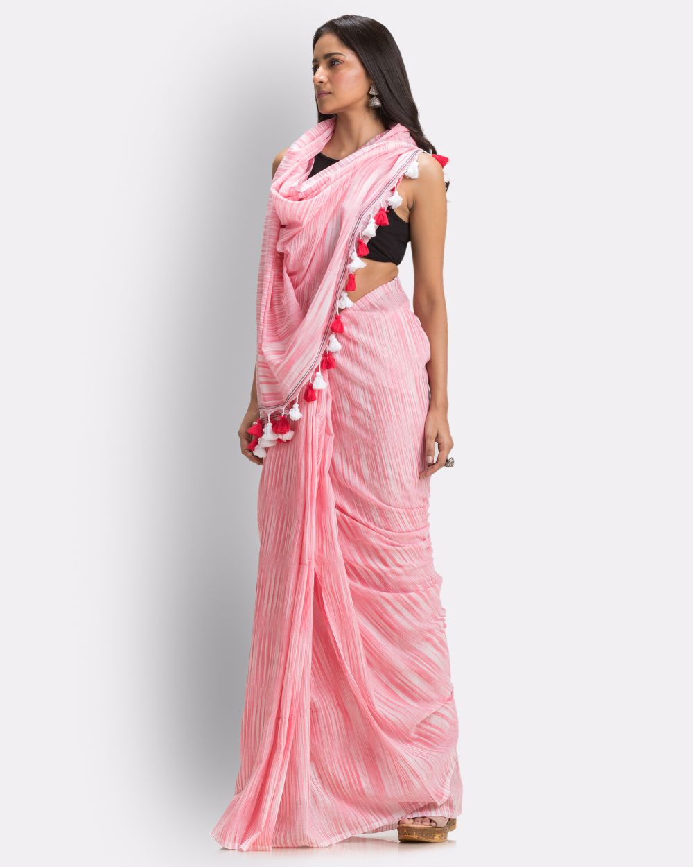 Peach handwoven mul cotton bengal saree