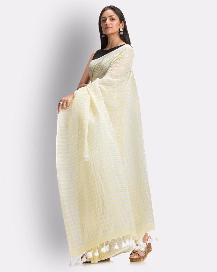 Pale yellow handwoven mul cotton bengal saree