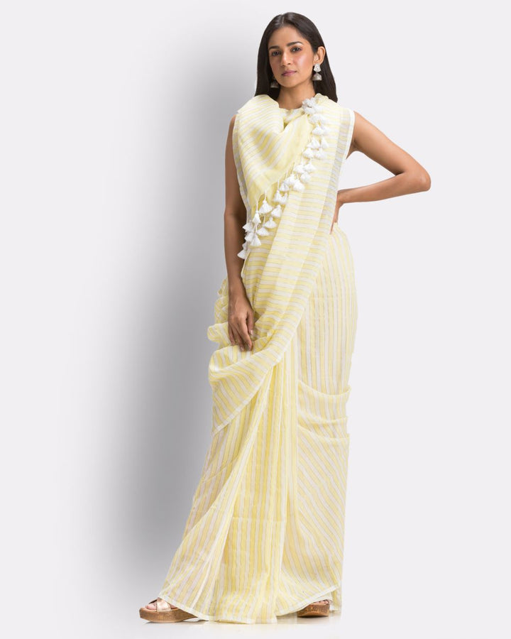 Pale yellow handwoven mul cotton bengal saree