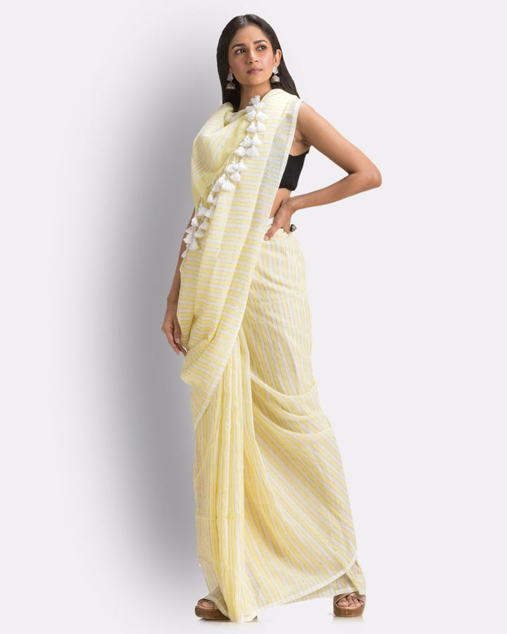 Pale yellow handwoven mul cotton bengal saree