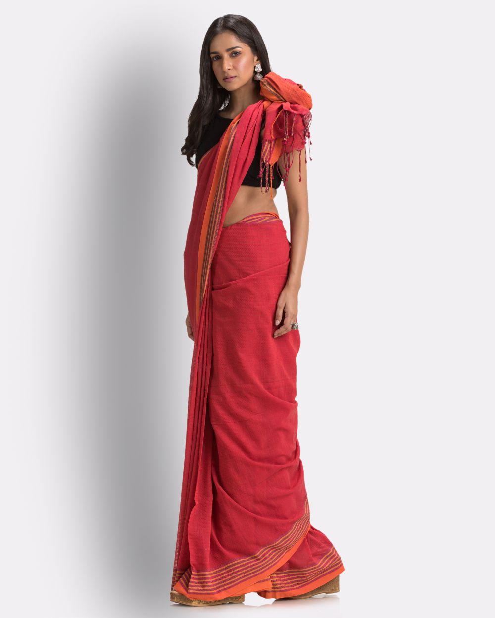 Brick red handwoven mul cotton bengal saree