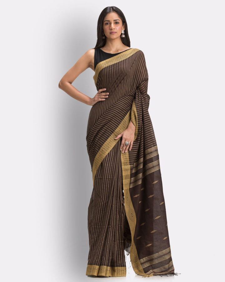Brown beige handwoven cotton jamdani saree