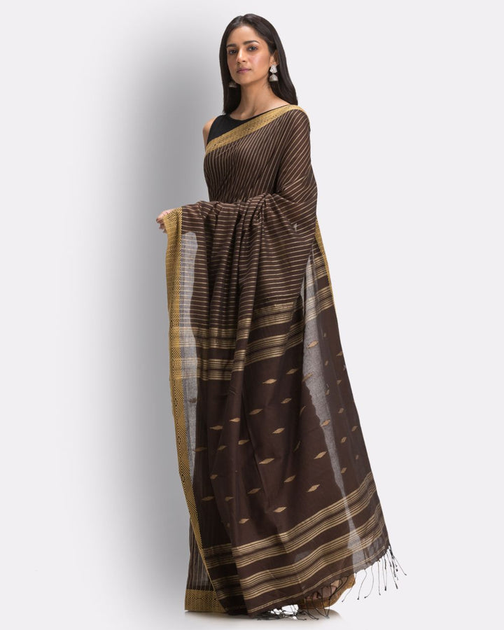 Brown beige handwoven cotton jamdani saree