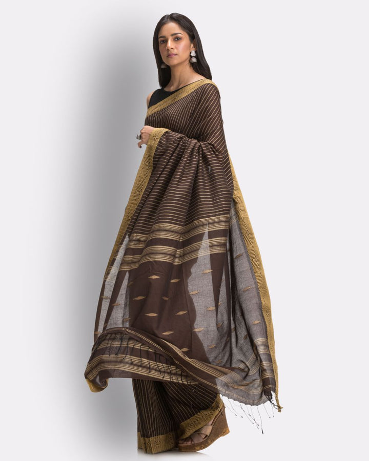 Brown beige handwoven cotton jamdani saree