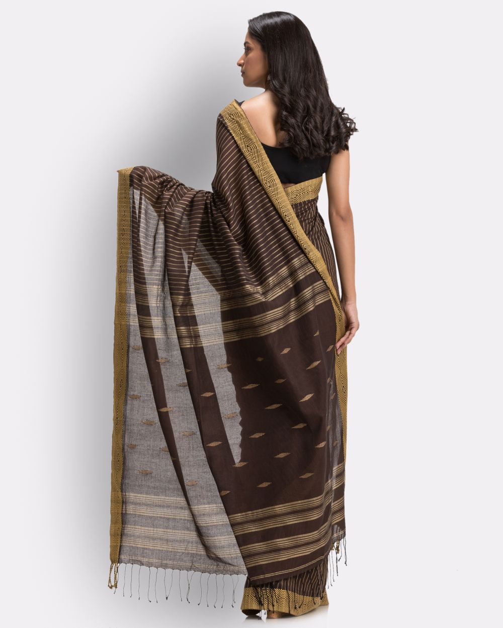 Brown beige handwoven cotton jamdani saree
