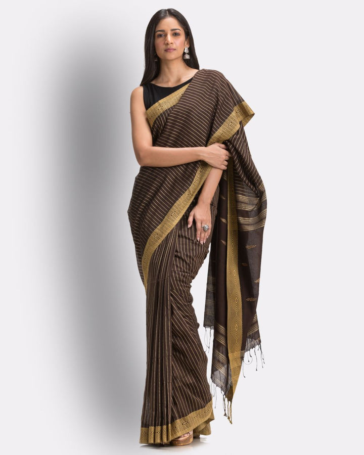 Brown beige handwoven cotton jamdani saree