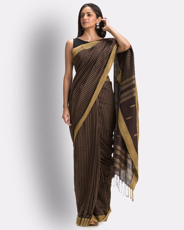 Brown beige handwoven cotton jamdani saree