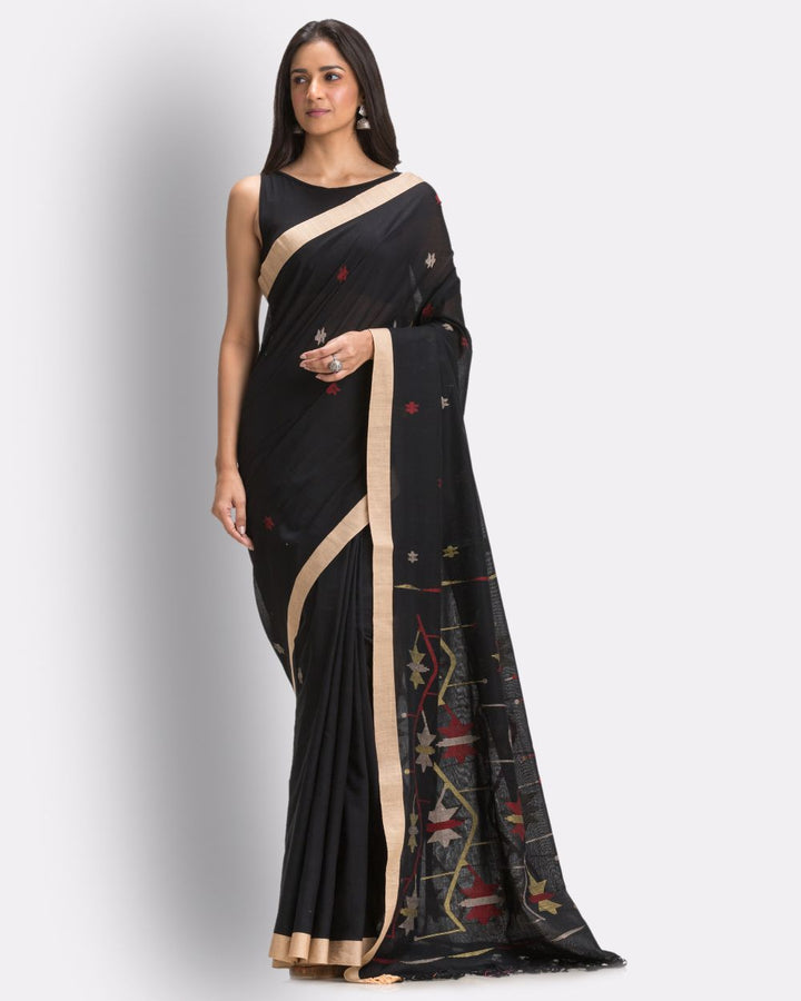 Black handwoven cotton jamdani saree