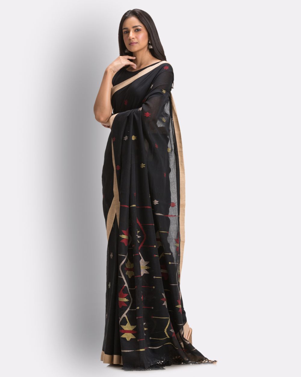 Black handwoven cotton jamdani saree