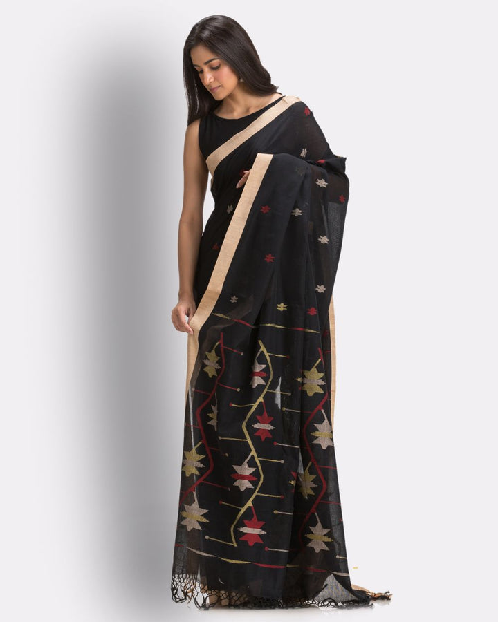 Black handwoven cotton jamdani saree