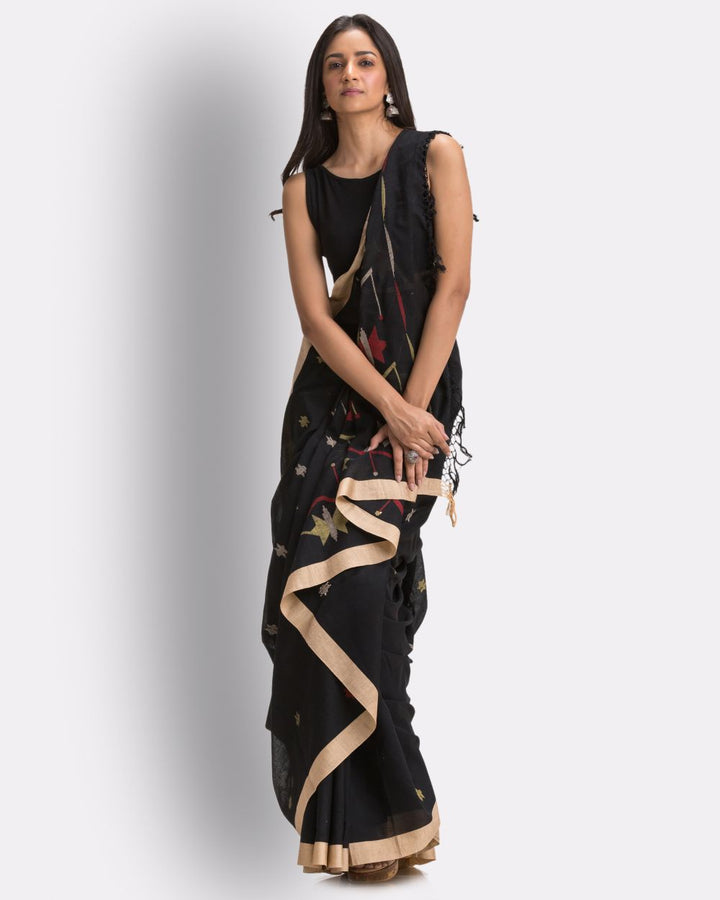 Black handwoven cotton jamdani saree