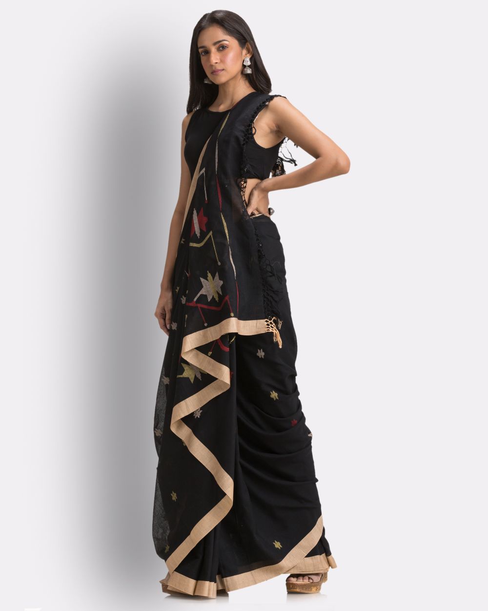 Black handwoven cotton jamdani saree