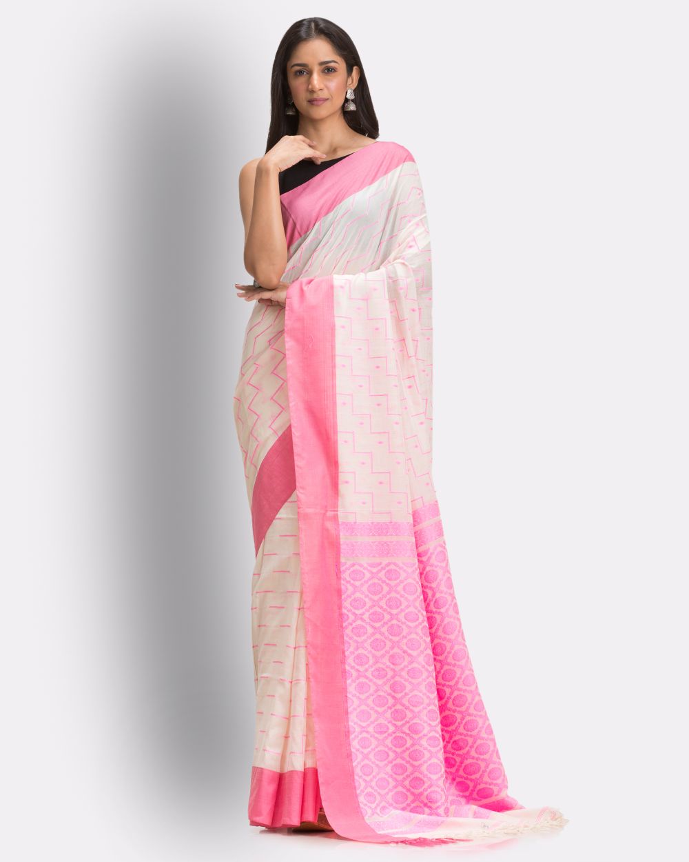Cream pink handwoven cotton bengal saree