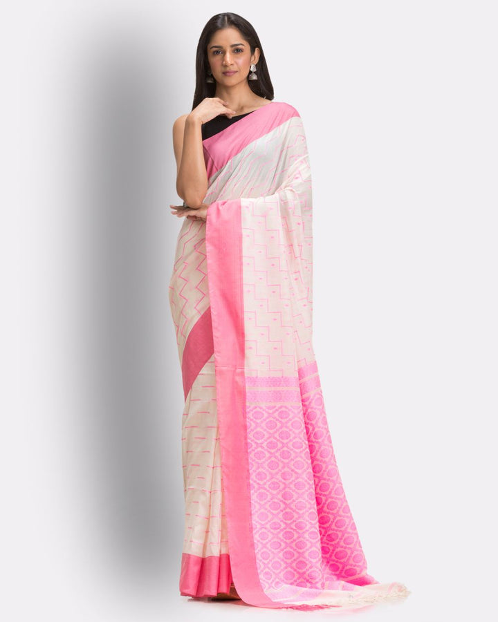 Cream pink handwoven cotton bengal saree