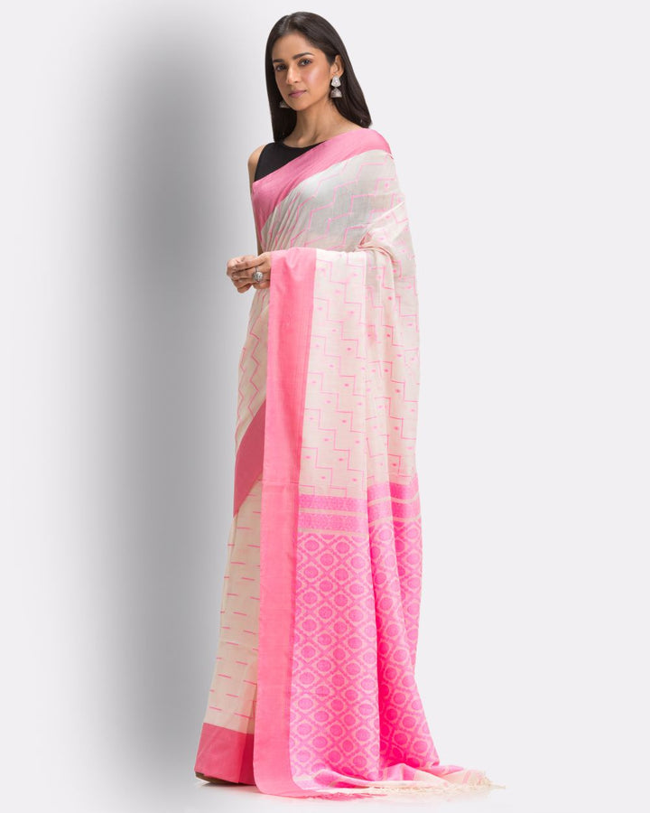 Cream pink handwoven cotton bengal saree