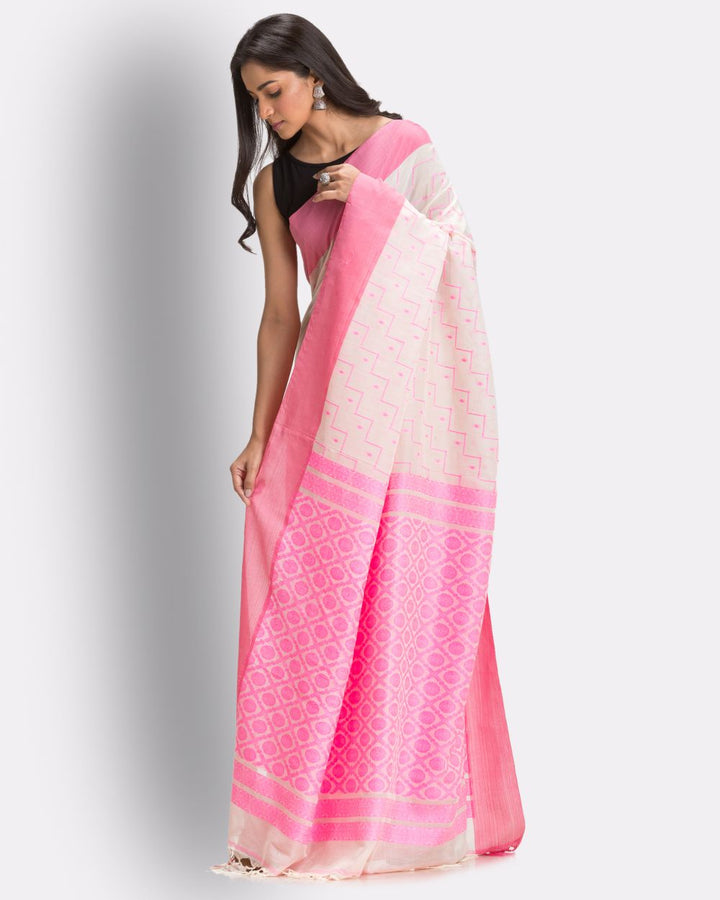 Cream pink handwoven cotton bengal saree