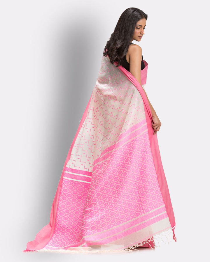 Cream pink handwoven cotton bengal saree