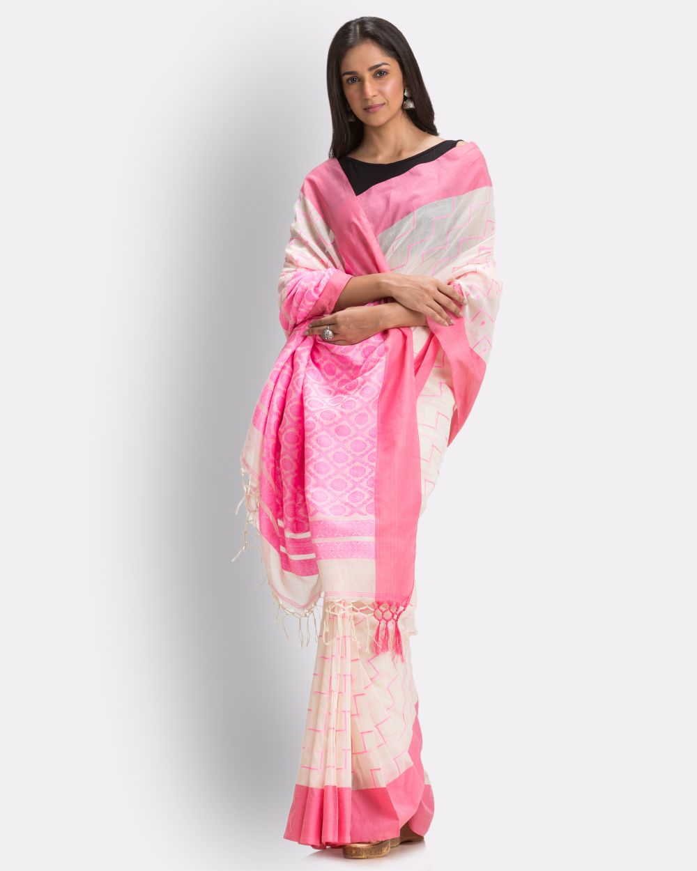Cream pink handwoven cotton bengal saree