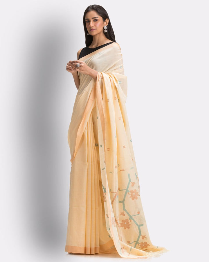 Cream tan handwoven cotton jamdani saree