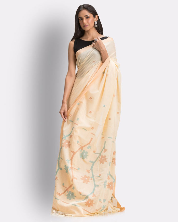 Cream tan handwoven cotton jamdani saree