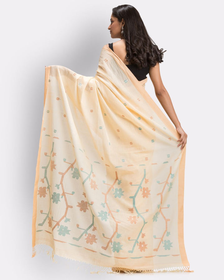 Cream tan handwoven cotton jamdani saree