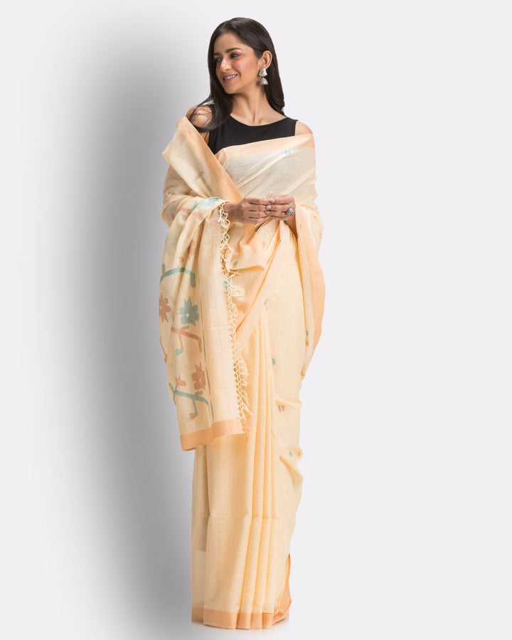 Cream tan handwoven cotton jamdani saree