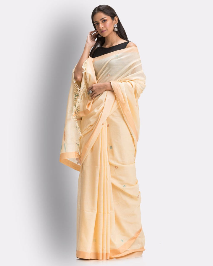 Cream tan handwoven cotton jamdani saree