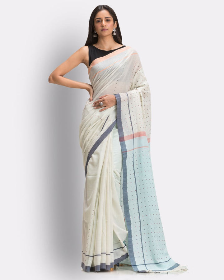 White floral handwoven cotton bengal saree