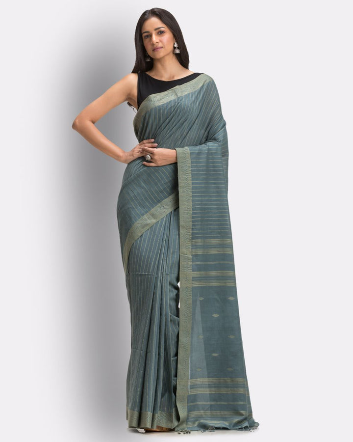 Grey steel teal handwoven cotton jamdani saree