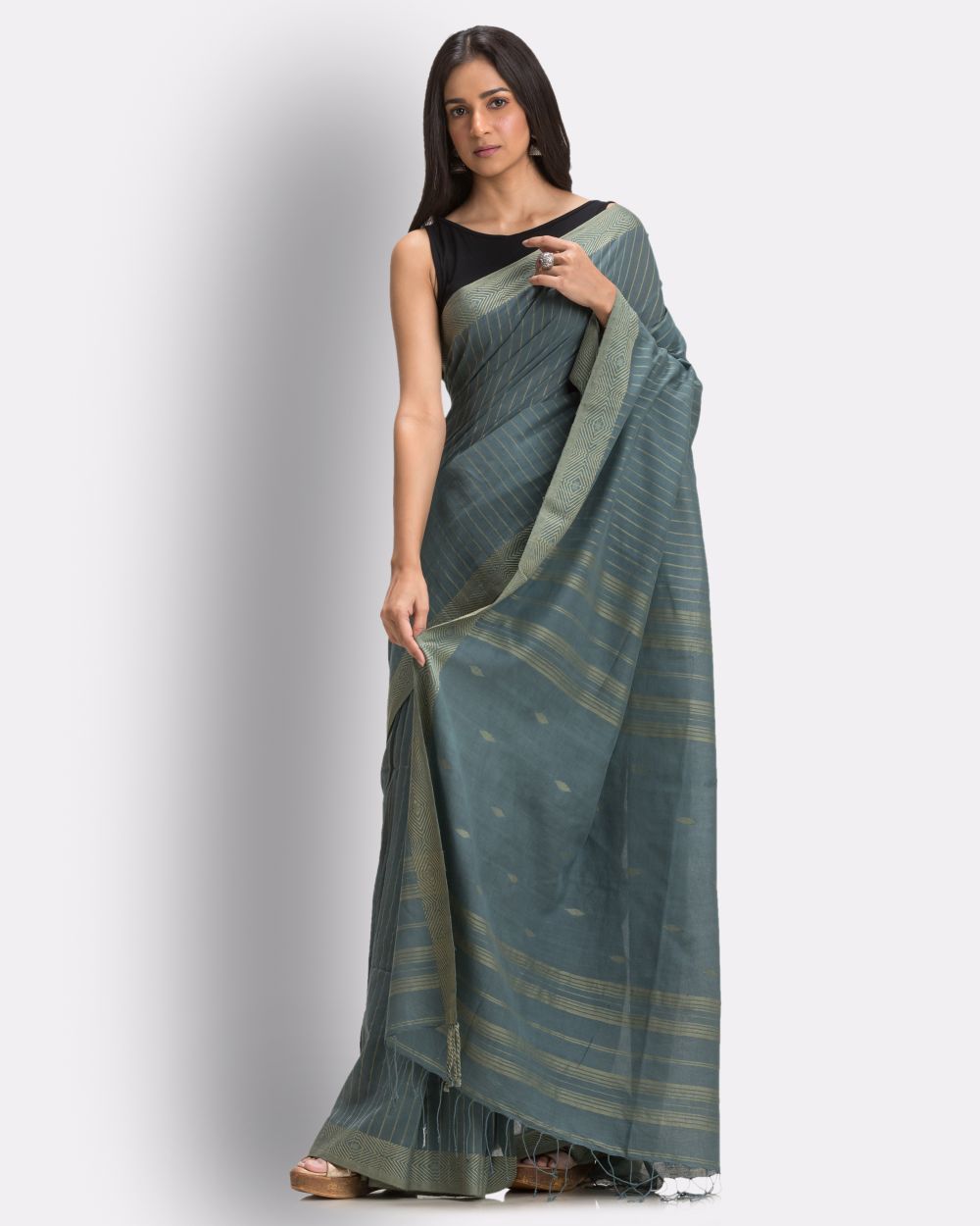 Grey steel teal handwoven cotton jamdani saree