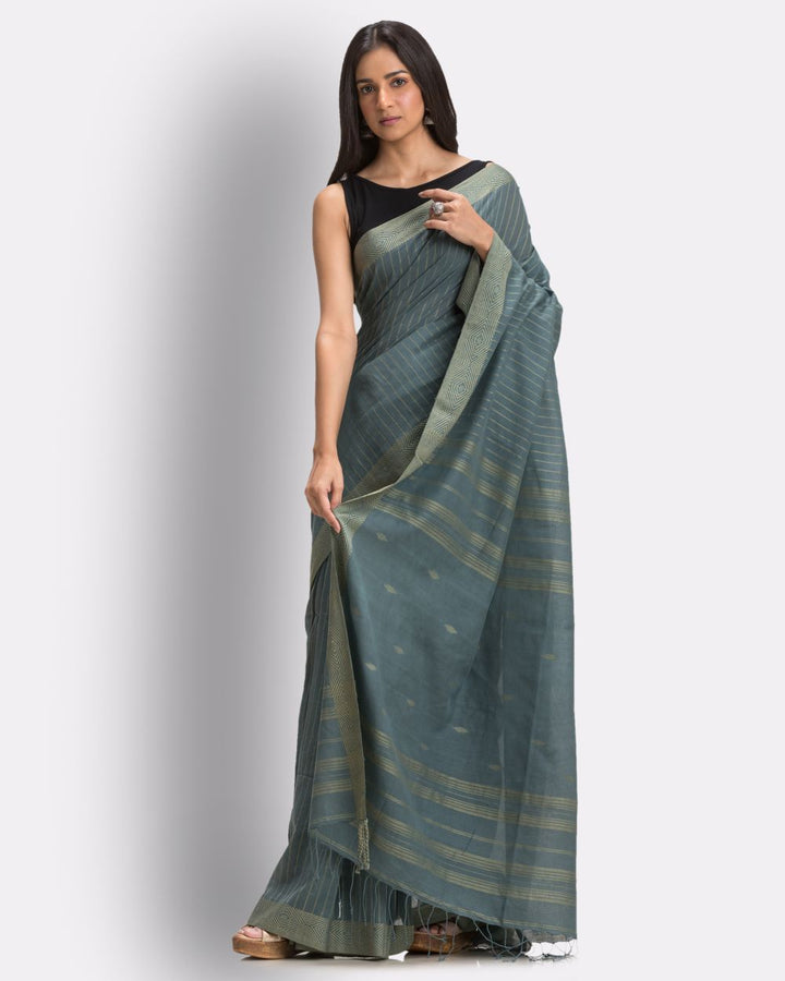 Grey steel teal handwoven cotton jamdani saree