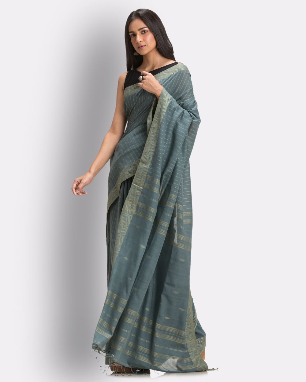 Grey steel teal handwoven cotton jamdani saree