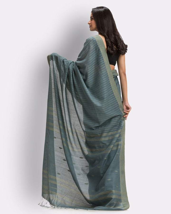 Grey steel teal handwoven cotton jamdani saree