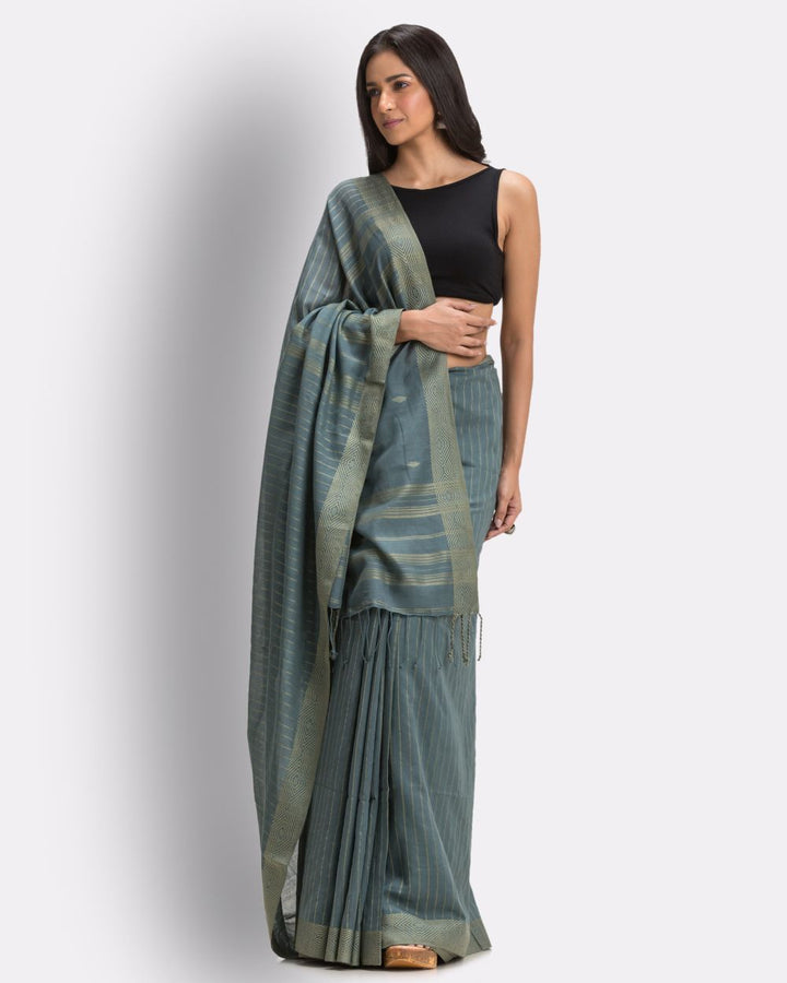 Grey steel teal handwoven cotton jamdani saree