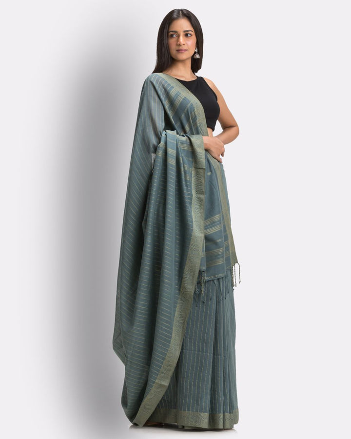 Grey steel teal handwoven cotton jamdani saree