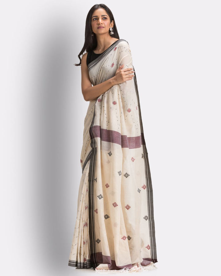 Beige grey handwoven cotton jamdani saree
